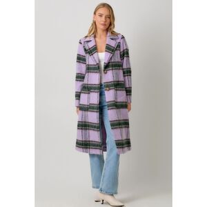 Fuzzy Plaid Long Coat Lavender Button Up Knee Length Pockets Lightweight Warm